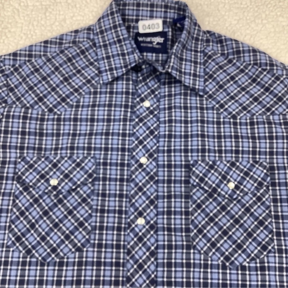 Men’s Wrangler Western Plaid Pearl Snap Long Sleeve Shirt Blue Plaid Size Medium - Picture 2 of 6